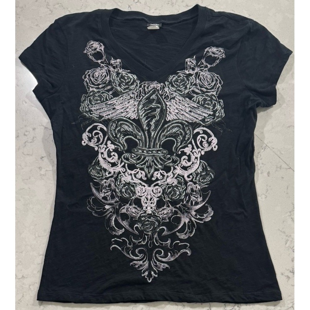 VTG Vanity Y2K Graphic T-Shirt Womens 2XL Black Fleur De Lis Mall Goth Tee